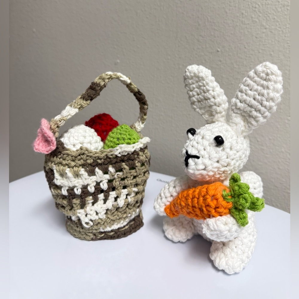 Handcrafted Crochet Bunnies with Baskets and Eggs